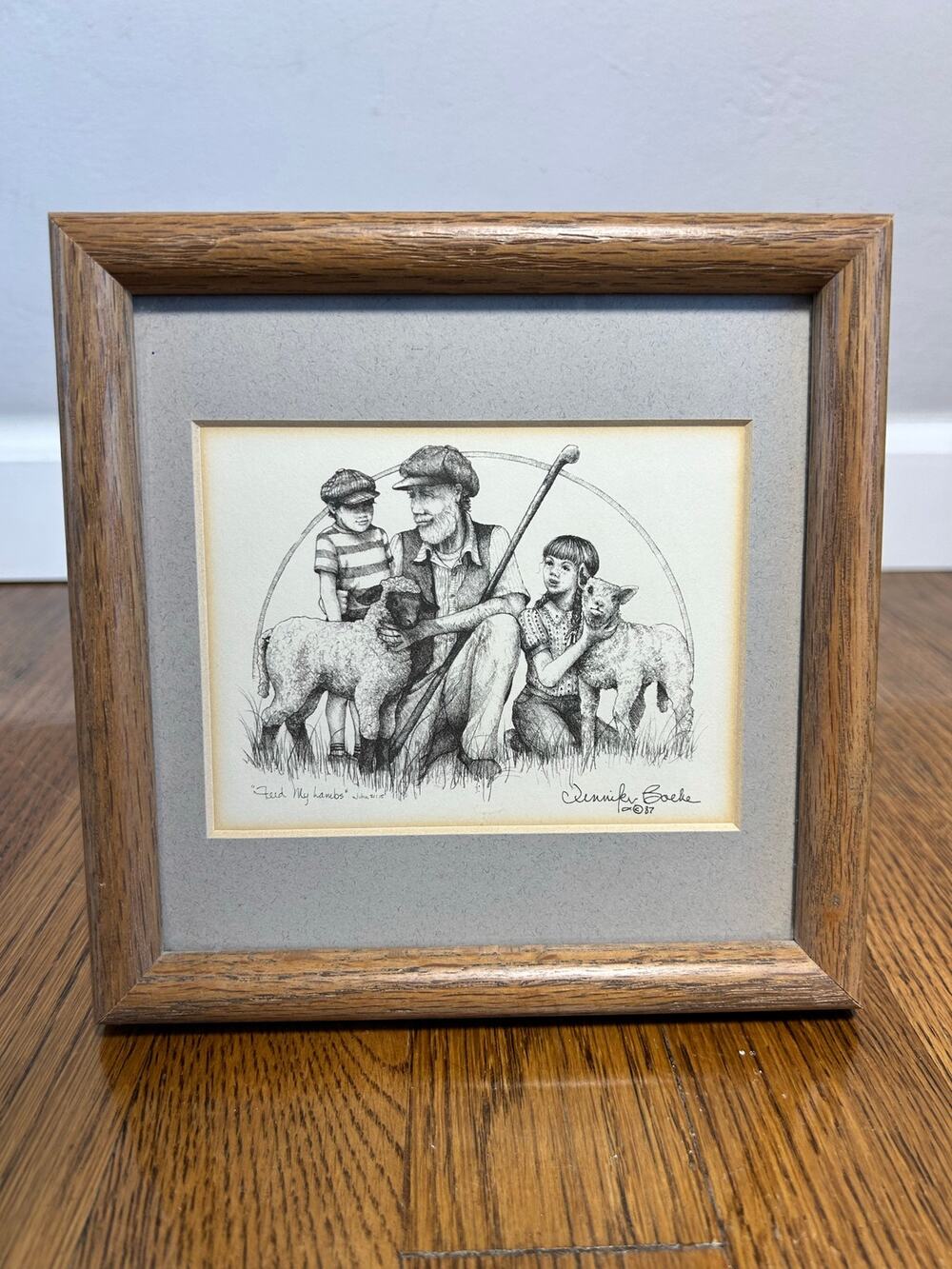 Vintage 1987 Feed My Lambs Framed Pen & Ink Print Jennifer Boehe John 21:15